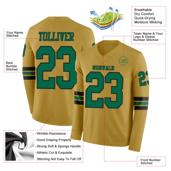 Custom Old Gold Kelly Green-Black Long Sleeve Authentic Football Jersey