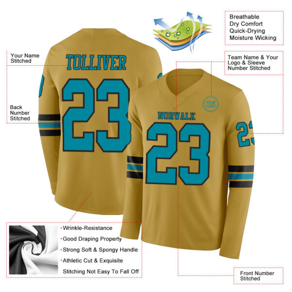 Custom Old Gold Teal-Black Long Sleeve Authentic Football Jersey