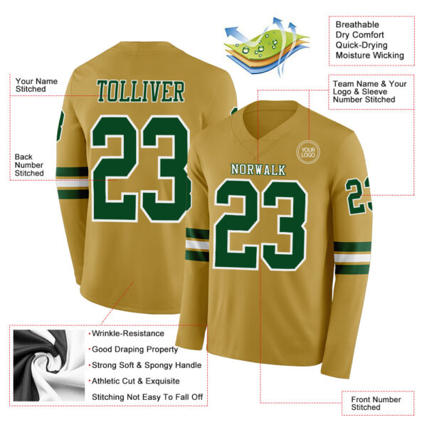 Custom Old Gold Green-White Long Sleeve Authentic Football Jersey