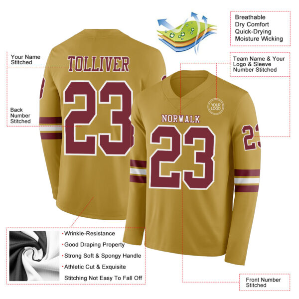 Custom Old Gold Burgundy-White Long Sleeve Authentic Football Jersey