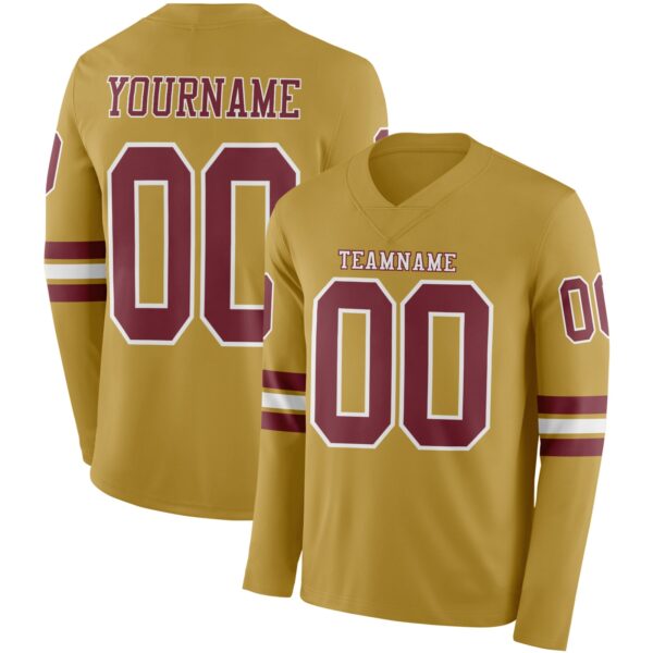 Custom Old Gold Burgundy-White Long Sleeve Authentic Football Jersey