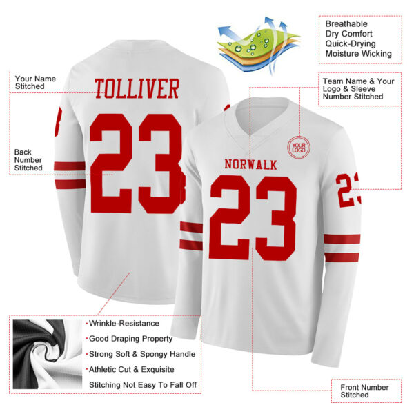 Custom White Red Long Sleeve Authentic Football Jersey