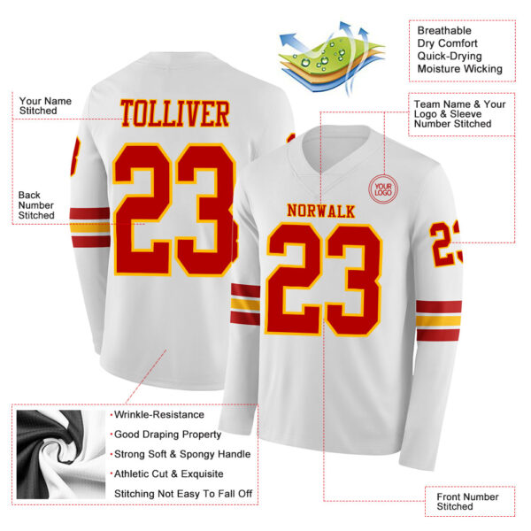 Custom White Red-Gold Long Sleeve Authentic Football Jersey
