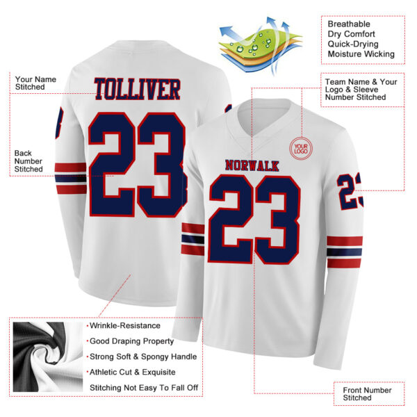 Custom White Navy-Red Long Sleeve Authentic Football Jersey