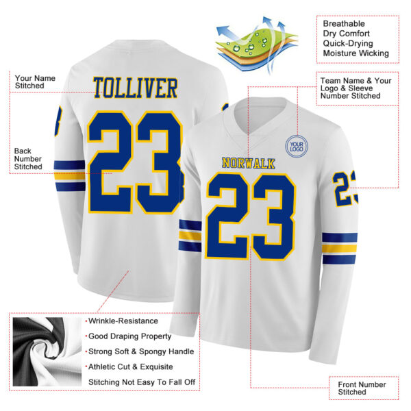 Custom White Royal-Yellow Long Sleeve Authentic Football Jersey