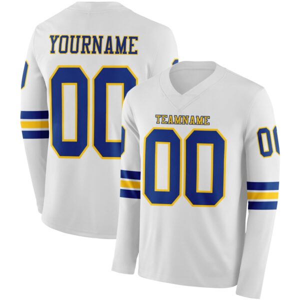 Custom White Royal-Yellow Long Sleeve Authentic Football Jersey