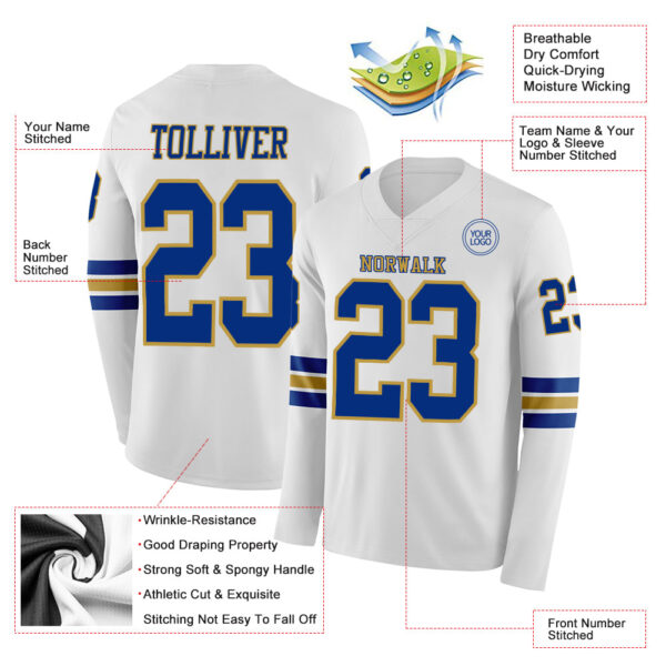 Custom White Royal-Old Gold Long Sleeve Authentic Football Jersey