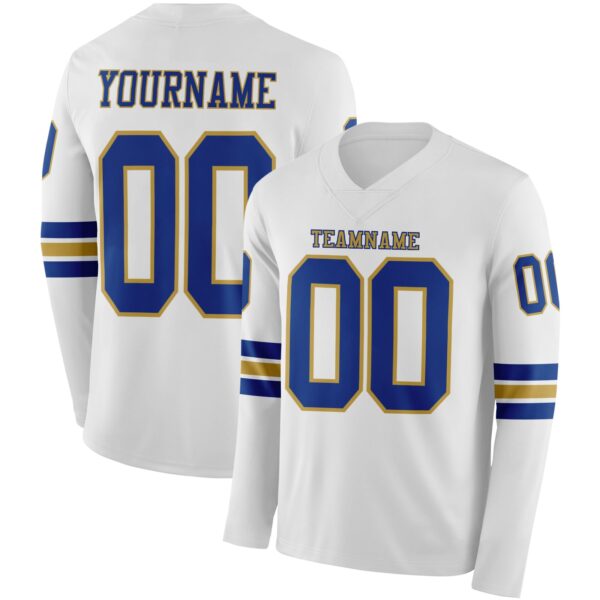 Custom White Royal-Old Gold Long Sleeve Authentic Football Jersey