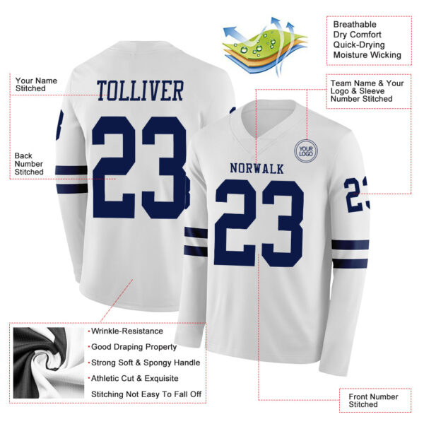 Custom White Navy Long Sleeve Authentic Football Jersey
