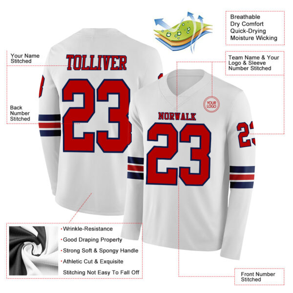 Custom White Red-Navy Long Sleeve Authentic Football Jersey
