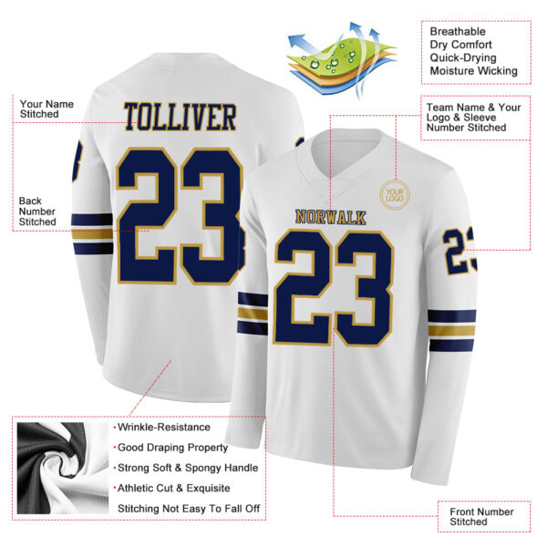 Custom White Navy-Old Gold Long Sleeve Authentic Football Jersey