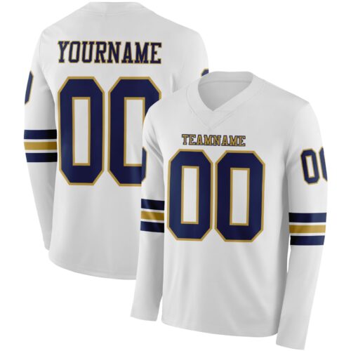 Custom White Navy-Old Gold Long Sleeve Authentic Football Jersey