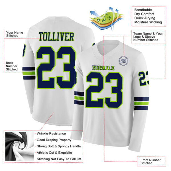 Custom White Navy-Neon Green Long Sleeve Authentic Football Jersey