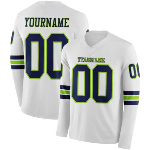 Custom White Navy-Neon Green Long Sleeve Authentic Football Jersey