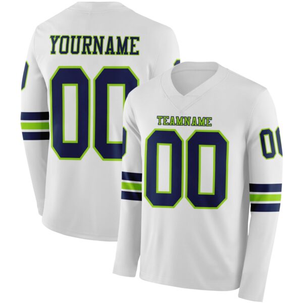 Custom White Navy-Neon Green Long Sleeve Authentic Football Jersey
