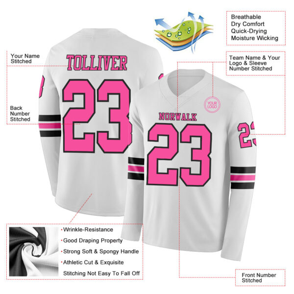 Custom White Pink-Black Long Sleeve Authentic Football Jersey
