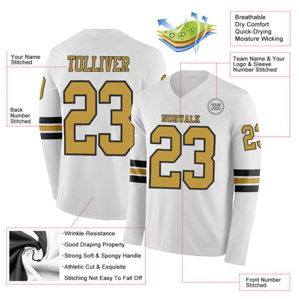 Custom White Old Gold-Black Long Sleeve Authentic Football Jersey