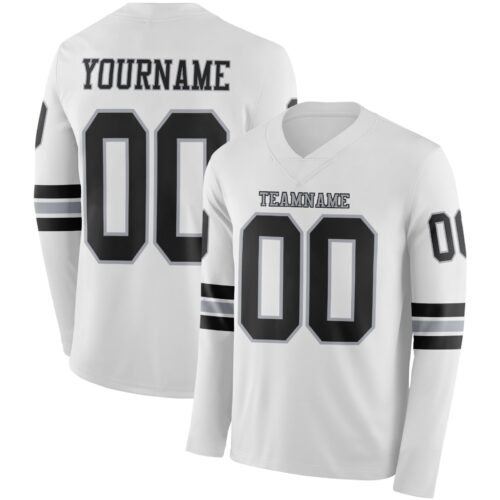 Custom White Black-Gray Long Sleeve Authentic Football Jersey