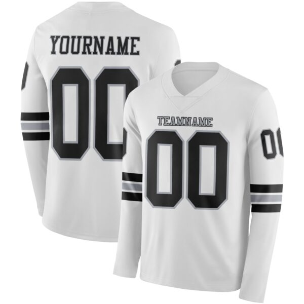 Custom White Black-Gray Long Sleeve Authentic Football Jersey