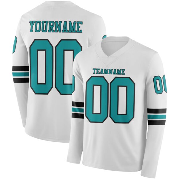 Custom White Teal-Black Long Sleeve Authentic Football Jersey