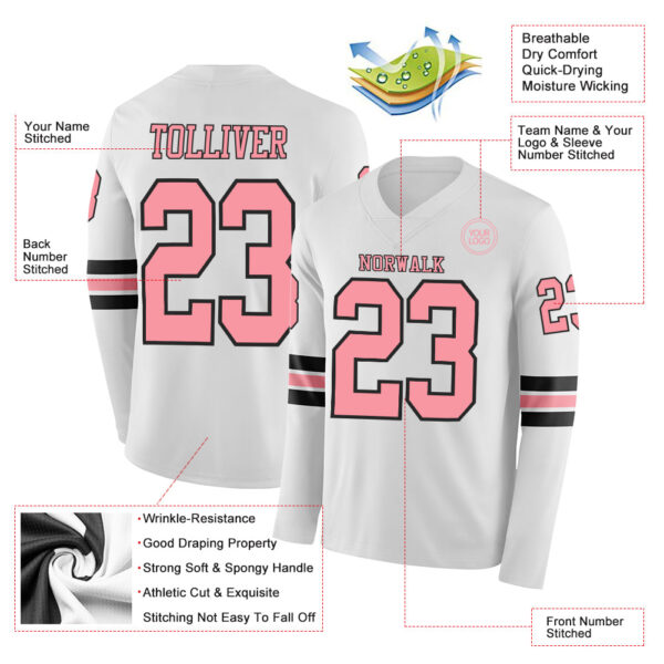 Custom White Medium Pink-Black Long Sleeve Authentic Football Jersey