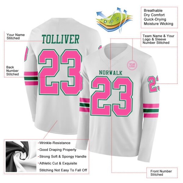 Custom White Pink-Kelly Green Long Sleeve Authentic Football Jersey