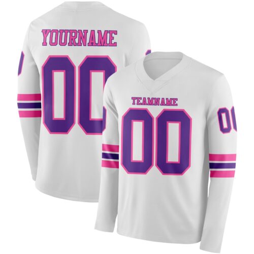Custom White Purple-Pink Long Sleeve Authentic Football Jersey