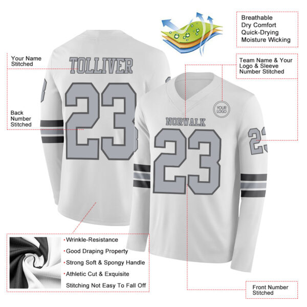 Custom White Gray-Steel Gray Long Sleeve Authentic Football Jersey