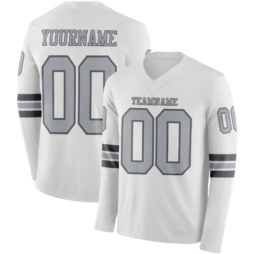 Custom White Gray-Steel Gray Long Sleeve Authentic Football Jersey
