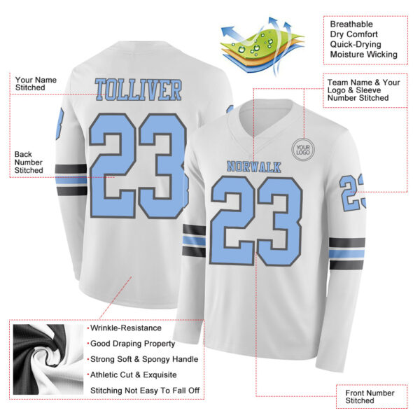 Custom White Light Blue-Steel Gray Long Sleeve Authentic Football Jersey
