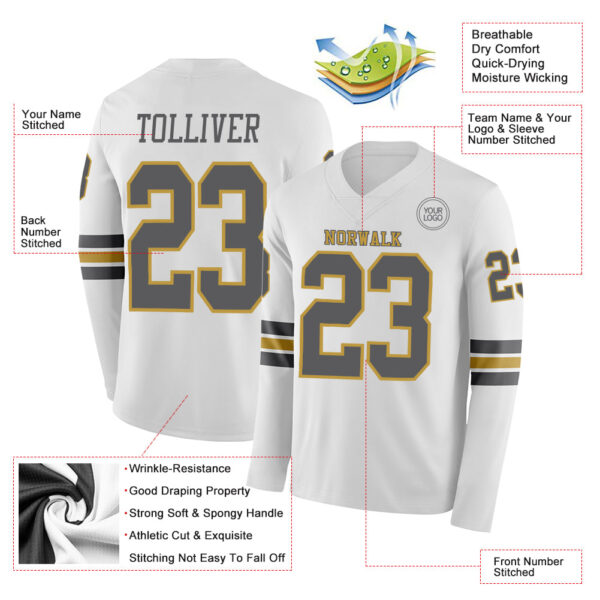Custom White Steel Gray-Old Gold Long Sleeve Authentic Football Jersey