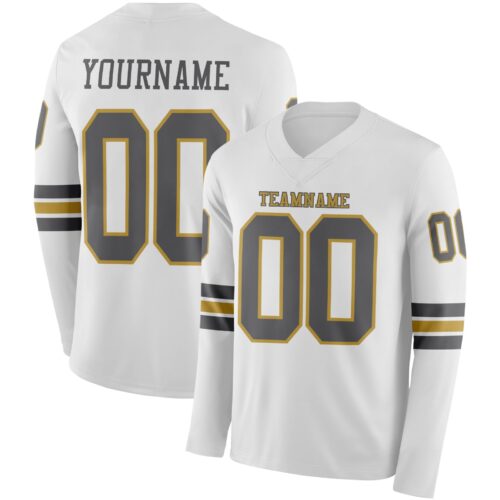 Custom White Steel Gray-Old Gold Long Sleeve Authentic Football Jersey