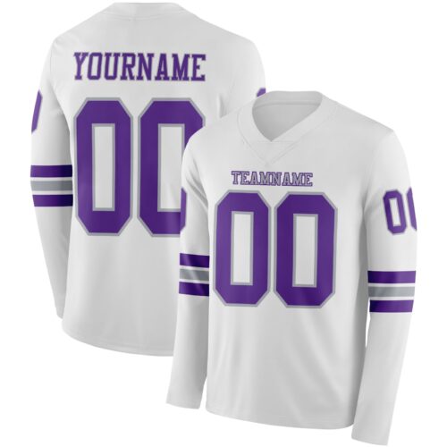 LongSleeve1027 Custom White Purple-Gray Long Sleeve Authentic Football Jersey