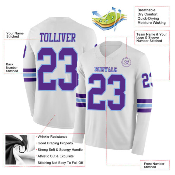 Custom White Purple-Light Blue Long Sleeve Authentic Football Jersey