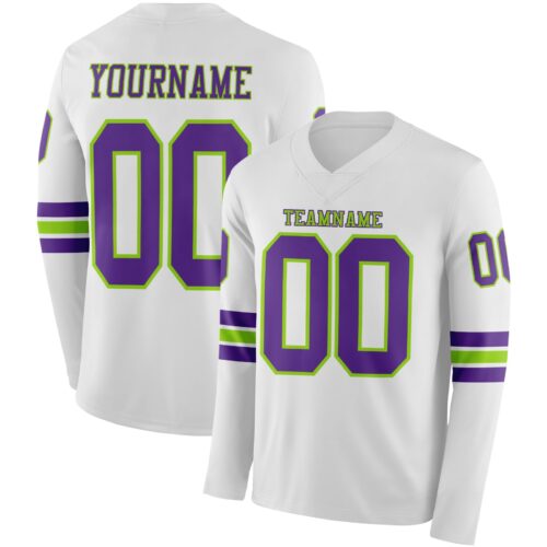 LongSleeve1032 Custom White Purple-Neon Green Long Sleeve Authentic Football Jersey