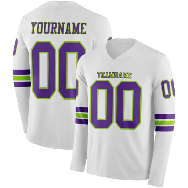 Custom White Purple-Neon Green Long Sleeve Authentic Football Jersey