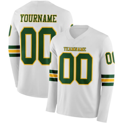 LongSleeve1033 Custom White Green-Gold Long Sleeve Authentic Football Jersey
