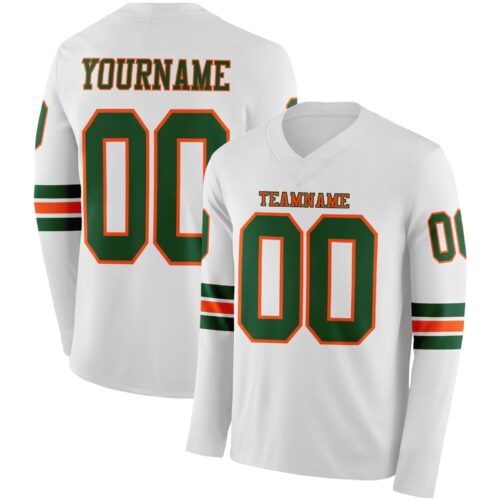 LongSleeve1034 Custom White Green-Orange Long Sleeve Authentic Football Jersey
