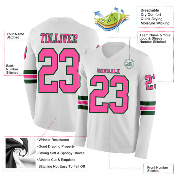 Custom White Pink-Green Long Sleeve Authentic Football Jersey