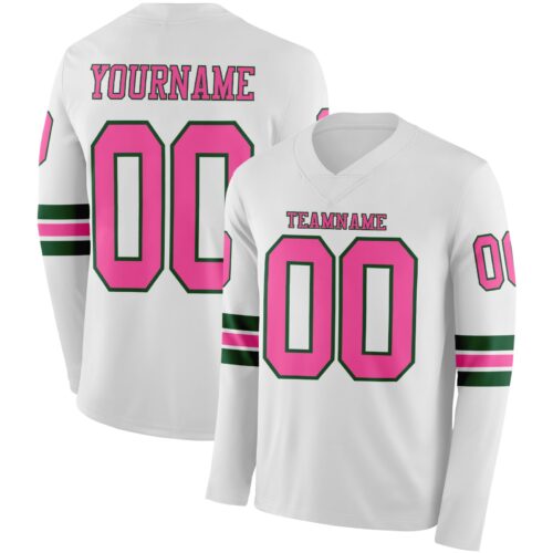 LongSleeve1035 Custom White Pink-Green Long Sleeve Authentic Football Jersey