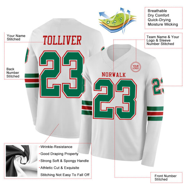 Custom White Kelly Green-Red Long Sleeve Authentic Football Jersey