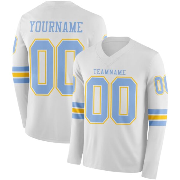 Custom White Light Blue-Yellow Long Sleeve Authentic Football Jersey