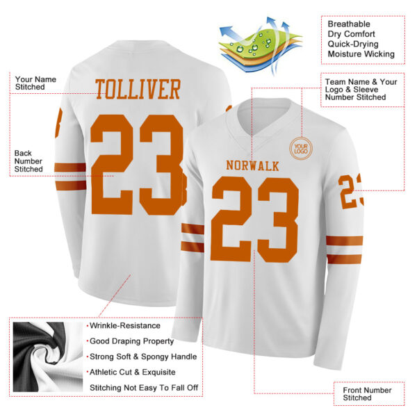 Custom White Texas Orange Long Sleeve Authentic Football Jersey