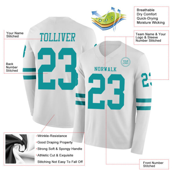 Custom White Teal Long Sleeve Authentic Football Jersey