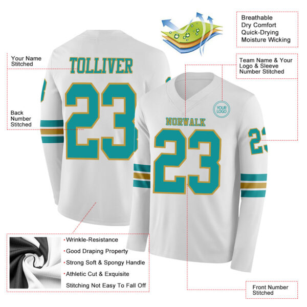 Custom White Teal-Old Gold Long Sleeve Authentic Football Jersey