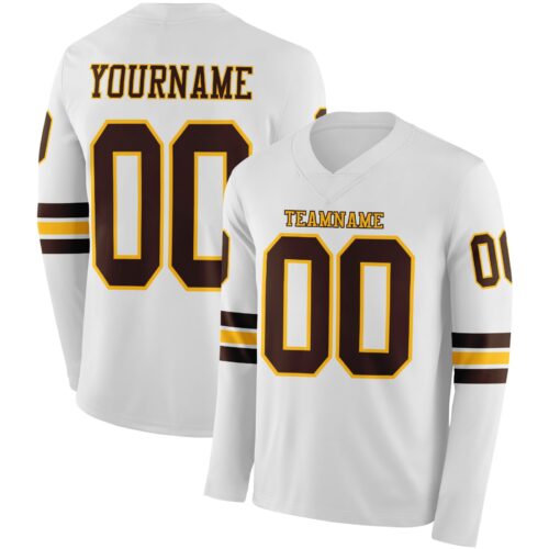 Custom White Brown-Gold Long Sleeve Authentic Football Jersey
