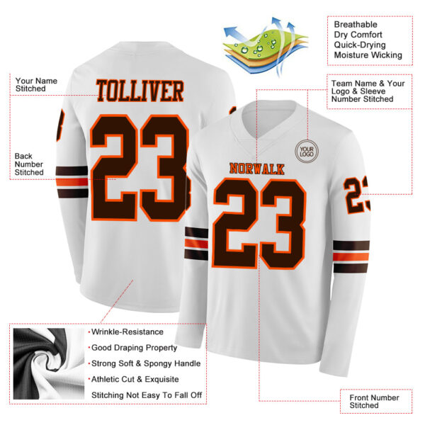 Custom White Brown-Orange Long Sleeve Authentic Football Jersey