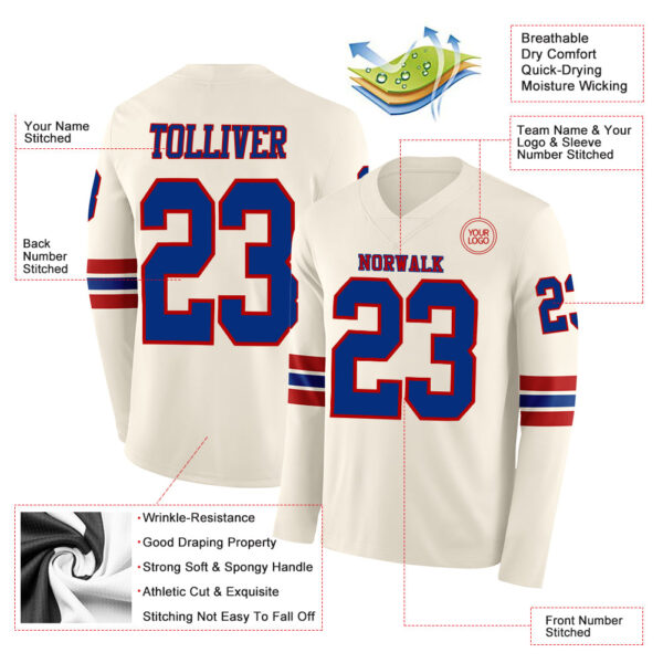 Custom Cream Royal-Red Long Sleeve Authentic Football Jersey