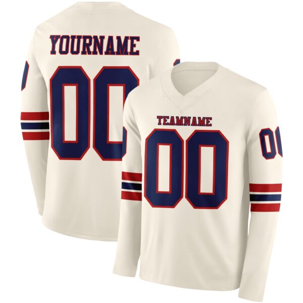 Custom Cream Navy-Red Long Sleeve Authentic Football Jersey