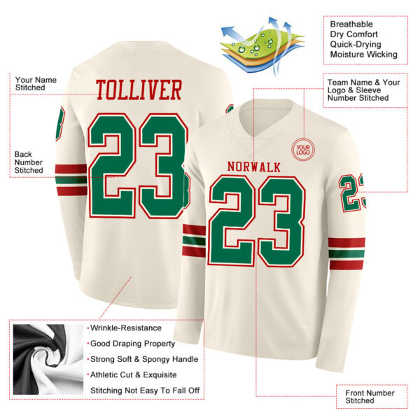 Custom Cream Kelly Green-Red Long Sleeve Authentic Football Jersey
